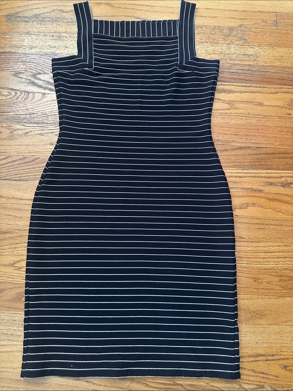 Ikito Black & White Striped Square Neck Midi Dress